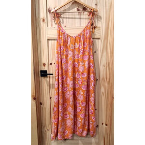 Old Navy Tie Shoulder Tasseled Pink Orange Floral All Day Maxi Swing Dress Large